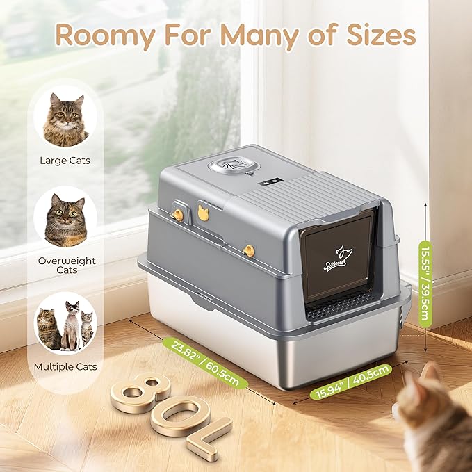 L7 Ultra-Stainless Steel Litter Box with Smart Odor Control System, XXL Extra Large Enclosed Metal Cat Litter Box with Lid for Kitty&Big Cats, High Sided Enclosure with Scoop & Mat, Anti-Leakage-Grey