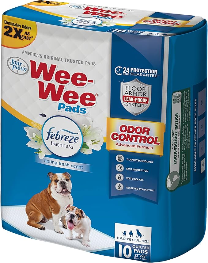 Four Paws Wee-Wee Odor Control with Febreze Freshness Pee Pads for Dogs & Puppies, Leak-Proof Dog Housebreaking Potty Training Floor Protection, Spring Fresh Scent, 22" x 23", 10 Count