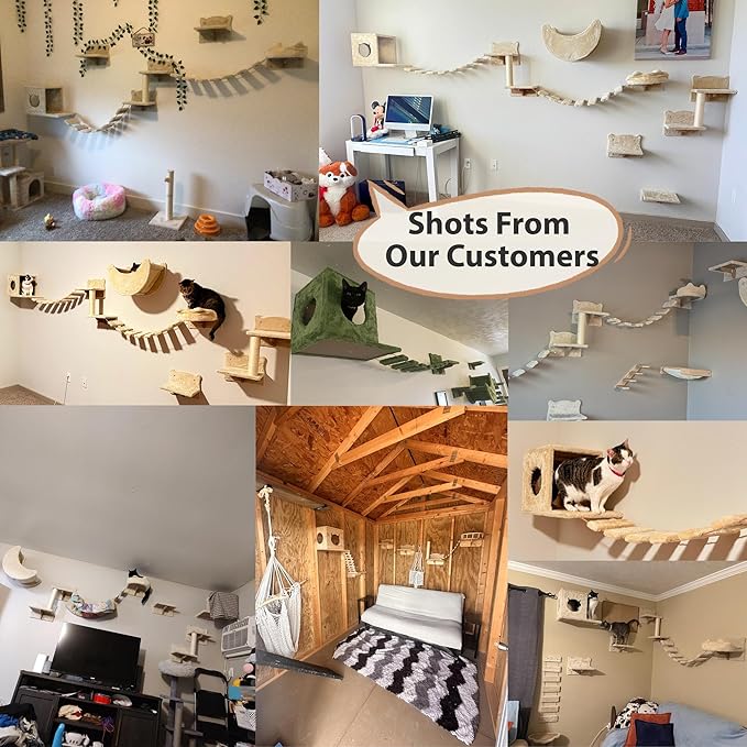 16-in-1 Cat Wall Shelves, Wall Mounted Cats Furniture Set w/Plush Fabric, Cat Climbing Systems, Cats Shelf with 40''L Tunnel, Condos, House, Steps, Bridge Ladder & Scratching Post, Green