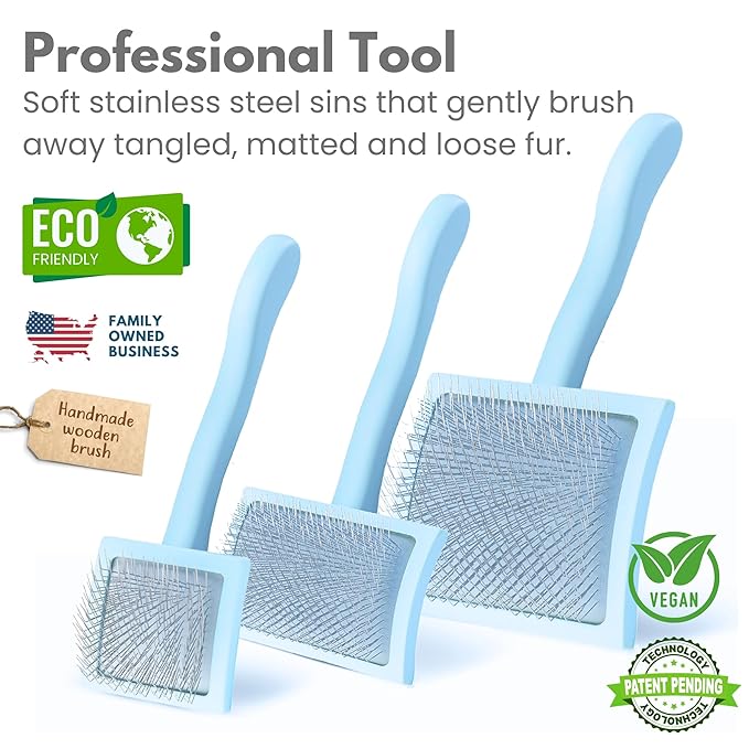 Pet Slicker Brush With Soft Massage Grooming Stainless Steel Pins - For Dematting, Shedding Fur, and Undercoat - Ideal Gift for Professional Pet Groomers - Long Slicker Brush (Blue, Curved Small)
