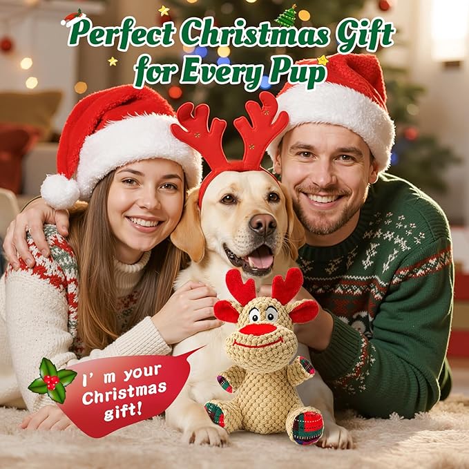 Christmas Dog Toys - Cute Reindeer Durable Squeaky Plush Dog Toy for Small, Medium & Large Dogs, Soft Xmas Gift for Pets