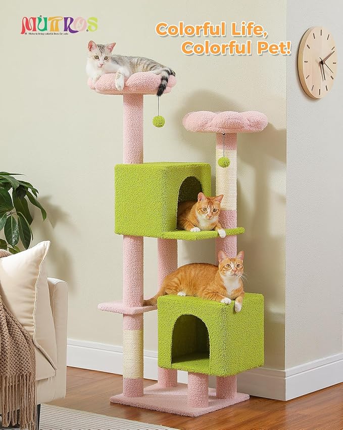 Flower Cat Tree, 52.4" Cute Cat Tower for Indoor Cats with 2 Flower Padded Perches, 2 Condos & 2 Scratching Posts, Pink