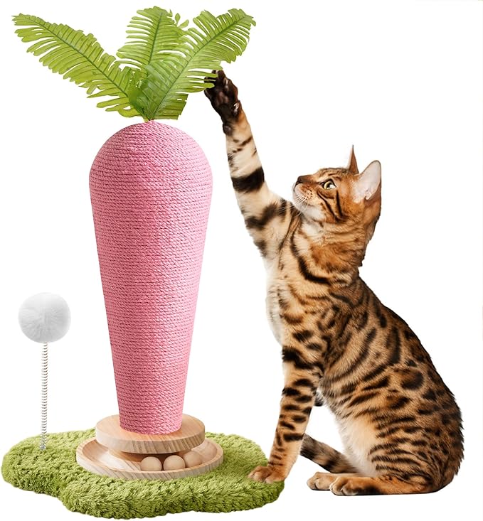 Cute Cat Scratching Post, Carrot Cat Scratcher Post with Durable Natural Wooden Turntable Toy and Catnip, 24'â H Carrot Shape Design Sisal Cat Tree Sisal Scratcher for Indoor Cats (Cloud Base)