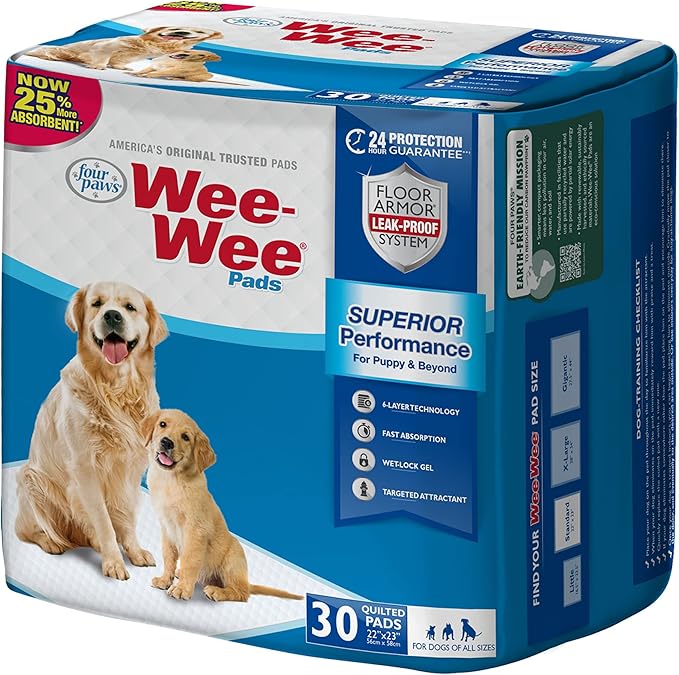 Four Paws Wee-Wee Superior Performance Unscented Pee Pads for Dogs & Puppies, Quilted Leak-Proof Dog Housebreaking Potty Training Floor Protection, 22" x 23", 30 Count