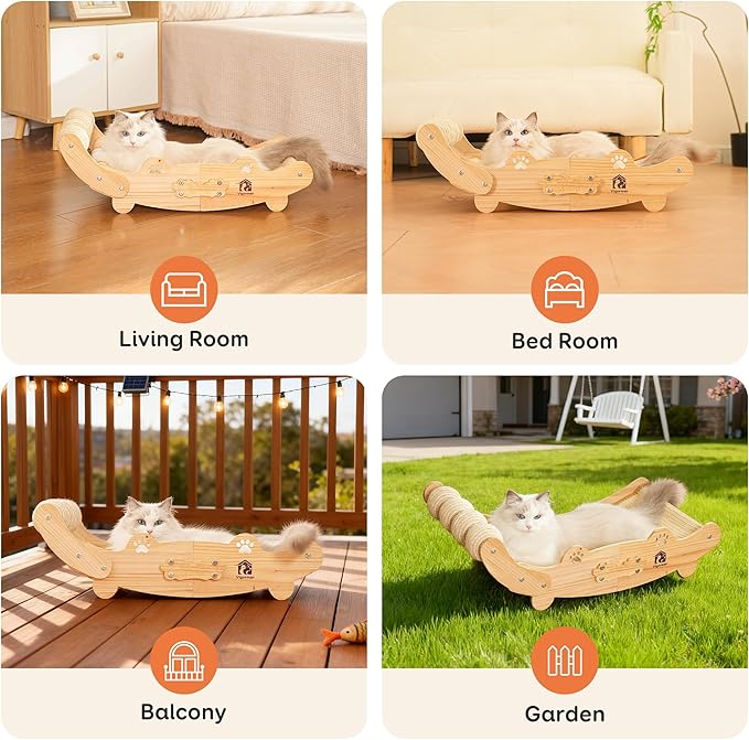 Sisal Cat Scratch Pad, Wooden Cat Scratching Board with Sisal Cat Scratch Mat and 4 Balls, Cat Scratchers for Indoor Cats Scratch & Lounger & Sleep (Large Size, Nature Wood)