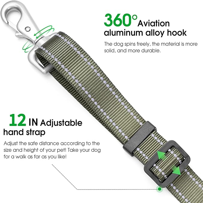 Hands-Free Dog Leash, Heavy Duty No-Pull Training Lead w/Anti-Tangle, Double Padded Traffic Handles Adjustable 5.5-6.2FT & Reflective Thread for Medium Large Dogs for Running/Walking Green