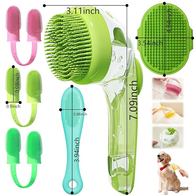 6Pcs Dog Bath Brush Set with Soap Dispenser - Cat Brush & Dog Toothbrush Kit | Silicone Pet Bathing Supplies for Washing, Shower & Shedding | Includes Finger Toothbrush, Scrubber for Small Breed