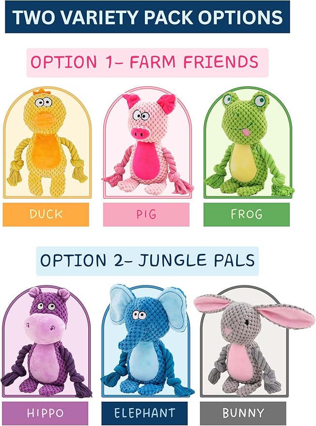 Plush Dog Toys, 3-Pack Variety Set with Squeaker, Crinkle Paper, Rope, Non-Toxic, Soft & Durable, Teething Puppy Toys- Farm Friends or Jungle Pals, 9.45 x 3.94 inches (Jungle Pals)