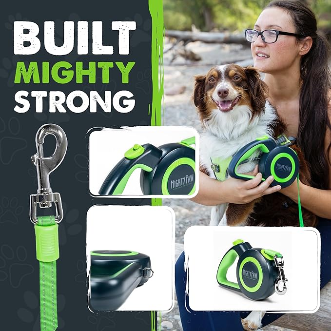 Mighty Paw Retractable Dog Leash 2.0 | 16' Heavy Duty Reflective Nylon Tape Lead for Pets up to 0-50 lbs. Tangle Free Design W/One Touch Quick-Lock Braking System & Anti-Slip Handle (Green/Lite)