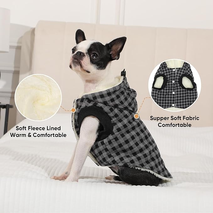 Fleece Lining Dog Hoodie for Small Dogs Extra Warm Plaid Sweater with Drawstring Hooded Coats in Winter Puppy Jacket,Black XS
