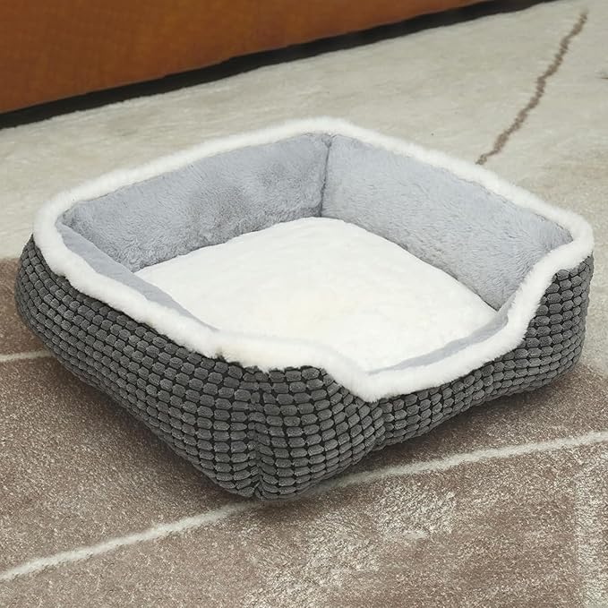 Luxury Square Grey Cat & Dog Bed - Soft Washable Animal Pet Beds with Anti-Slip & Water-Resistant Bottom, Perfect for Indoor Small Dogs & Cats, Kittens & Puppies