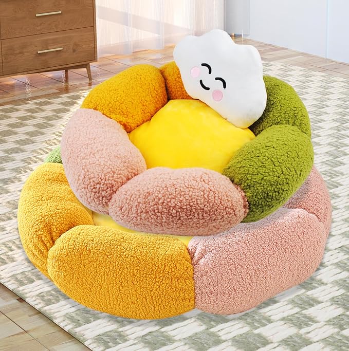 Cute Flower Cat Bed with Cloud Pillow,Calming Donut Bed for Indoor Kittens Washable Fluffy Cat Sleeping Nest Anti-Slip Bottom for Small Pet Kitten