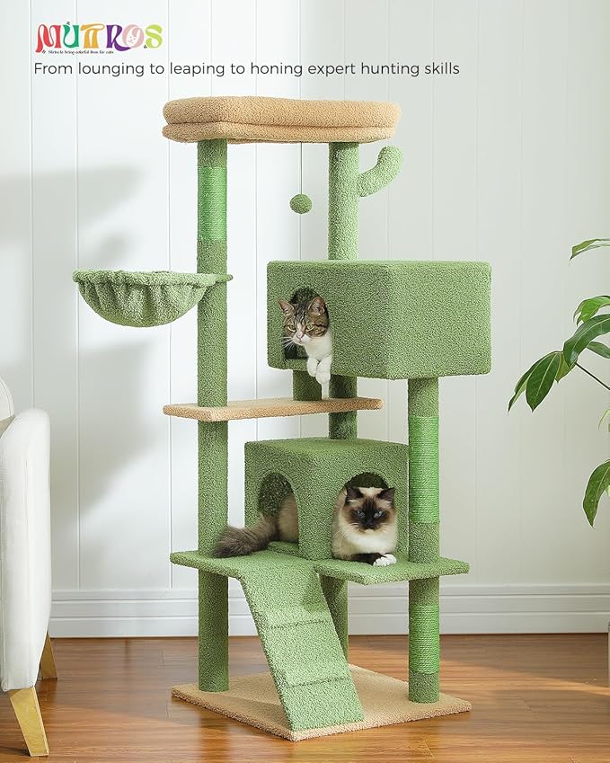 Cactus Cat Tree for Adult Cats with Super Large Top Perch, 56.3" Cat Tower for Cats with Plush Hammock, Dangling Pompom, Cat Scratching Posts and 2 Condos, Green House