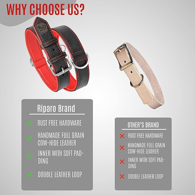 Riparo Dog Collars for Medium Dogs, Genuine Leather Dog Collar, Medium Dog Collar (M: 1" Wide for 13.5”-17.5” Neck, Black/Red Thread)