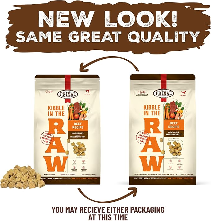 Primal Kibble in The Raw, Freeze Dried Dog Food, Beef, Scoop & Serve, Made with Raw Protein, Whole Ingredient Nutrition, Crafted in The USA, Dry Dog Food 1.5 lb Bag