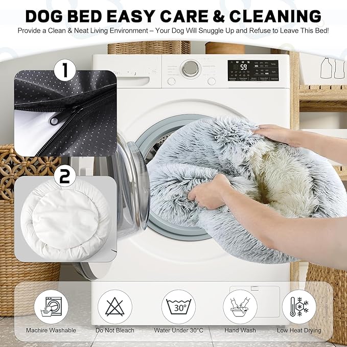 YUDANSI Calming Small Dog Bed & Indoor Cat Bed - Plush Fluffy Hooded Cave Nest, Anti-Slip Self-Warming, Removable Washable Zipper Cover, Built-in No-Collapsing Support (Grey-65cm/26in)