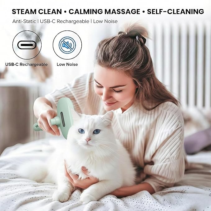 SHAZORY Pet Steam Brush for Dog & Cat - 3-in-1 Steam Grooming Brush for Shedding & Hair Removal - Self Cleaning Spray Comb with Mist for Long Haired Pets - Includes Water Refill Bottle - Green