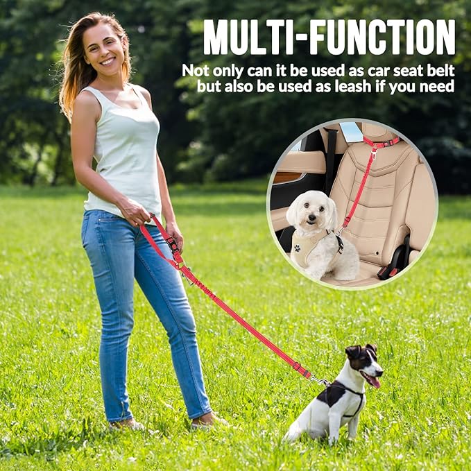SlowTon Dog Seat Belt for Car, 2 Pack Dog Car Harness Seatbelt Adjustable with Elastic Bungee Buffer, 2 in 1 Pet Car Leash Headrest Restraint Dog Reflective Safety Tether (S, Red, Headrest+Clip)