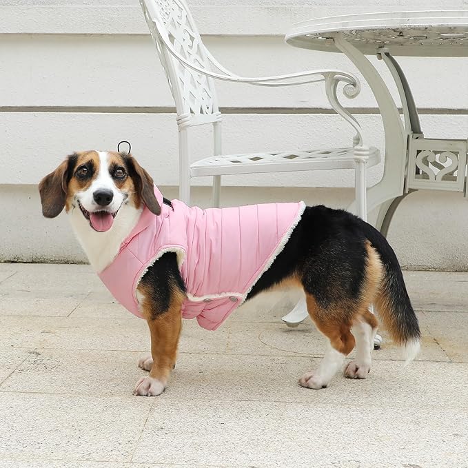 Fleece Lining Dog Hoodie with Harness Built in,Extra Warm Medium Dog Jacket in Winter Doggie Coats with Drawstring Hooded,Light Pink XL
