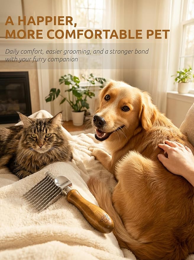 TAKAVU Dematting Fur Rake Comb Brush for Dogs & Cats - Undercoat Comb with Safety Blades for Removing Knots, Mats & Tangles - Grooming Tool for Poodles, Doodles, Long Haired Pets