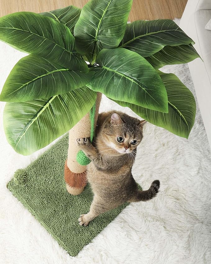 ANWA 35" Tall Cat Scratching Post for Kitten and Large Cats, Scratching Post for Indoor Cats with Self-Grooming Rubber Brush, Cat Sisal Post with Simulated Leaves