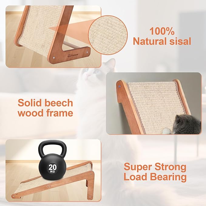 Sisal Cat Scratcher Ramp for Indoor Cats - Beechwood Base, 28.5" Natural Sisal Woven Cat Scratch Pad, Durable Cat Scratching Post, Furniture Protector for Cats' Clawing and Play