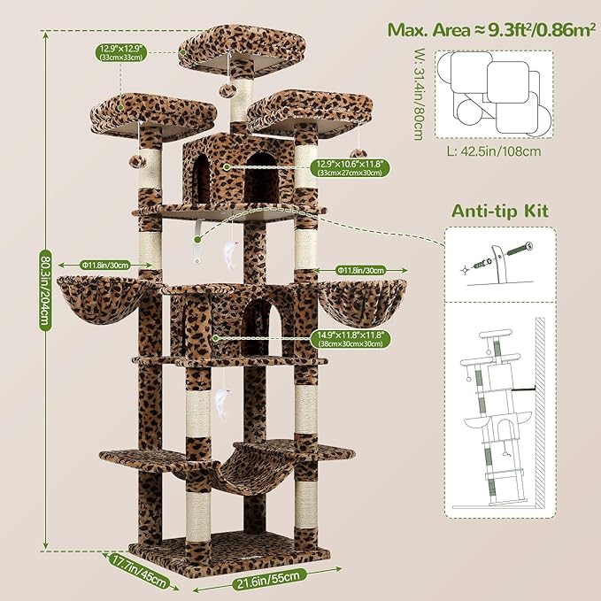 Globlazer Big Cat Tower for Indoor Cats, 80inch Cat Tower for Multiple Adult Cats XXL Cat Tree with Scratching Post, Hammock, 3 Perches, 2 Condos, 2 Hanging Basket, F80, Leopard Print