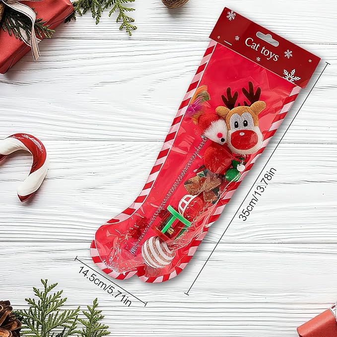 Walfront 8PCS Christmas Cat Toys, Cat Christmas Stocking Toy Set for Indoor Cats & Kittens, Includes Santa, Reindeer, Balls and Spring Toy, Interactive Cat Chew Toy, Holiday Fun and Active Play
