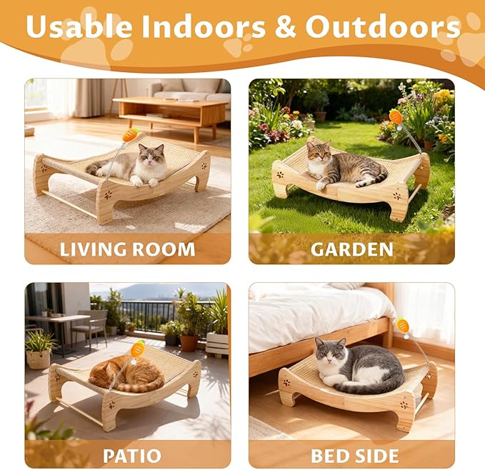 Wooden Cat Scratcher Bed with Carrot Toy, Dual-Role Hammock & Sisal Post, Indoor Cat Furniture for Napping & Play
