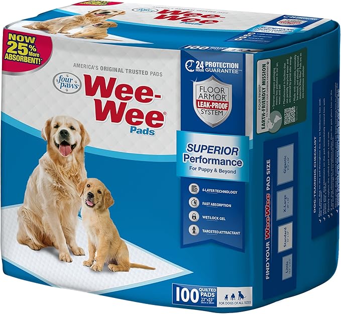 Four Paws Wee-Wee Superior Performance Unscented Pee Pads for Dogs & Puppies, Quilted Leak-Proof Dog Housebreaking Potty Training Floor Protection, 22" x 23", 100 Count