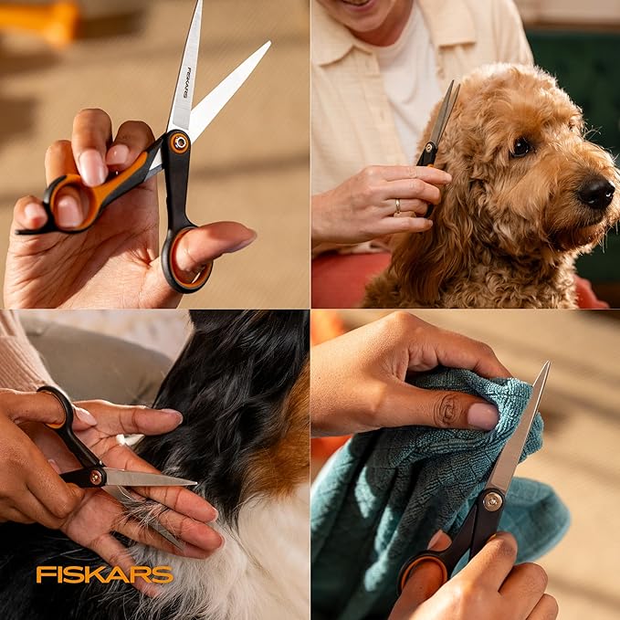 Fiskars Pet Trimming Scissors, Dog & Cat Grooming Scissors, Precision Stainless Steel Blades & SoftGrip™ Handle, Cat and Dog Supplies, 6.75”, Orange/Black