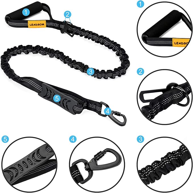 6FT Highly Reflective Heavy Duty Elastic Bungee Medium and Large Dog Leash Shock Absorbing with Comfortable Padded Handle and Traffic Handle Suitable for Training