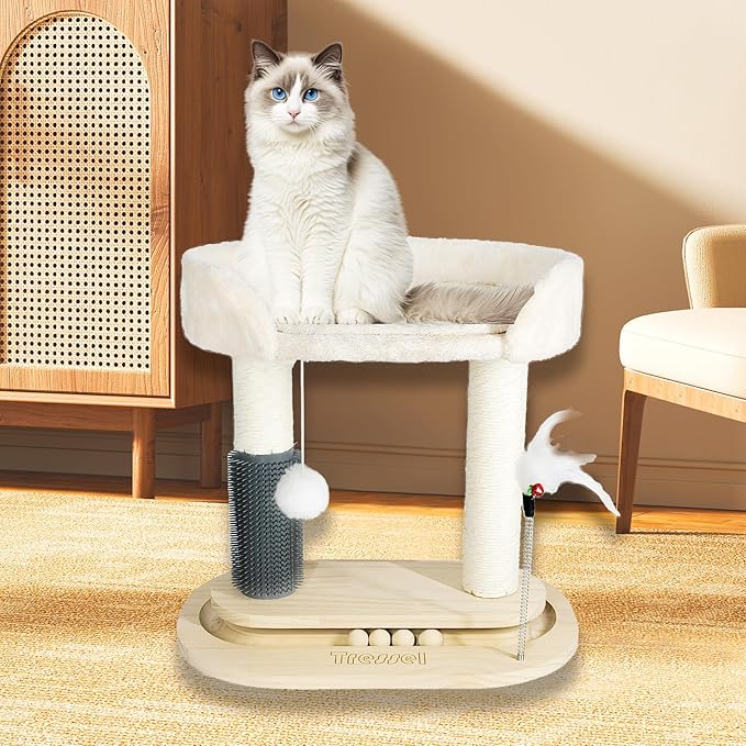 Small Cat Tree Tower, 16.5''H Cat Scratching Post with Bed 6-in-1 Cat Tree with Self Groomer Brush, Natural Sisal Scratcher Cute Kitten Climbing Tower with Scratching Post, Interactive Toy for Indoor