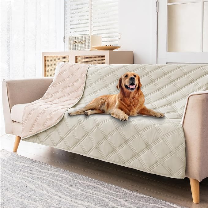 fuguitex Waterproof Dog Blanket Reversible for Small Dogs Resistant Leakproof Washable Couch Cushion Bed Protector Cover for Indoor Furniture Pet Friendly(82"*102",Baby Pink+Cream