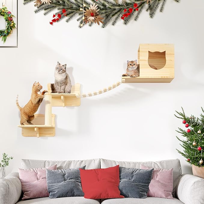 Cat Wall Shelves, 5-in-1 Solid Wood Wall-Mounted Cats Furniture Set with Scratching Post, Cat Climbing Wall Systems with Condos, House, Steps, Bridge Ladder, Cats Shelf Furniture