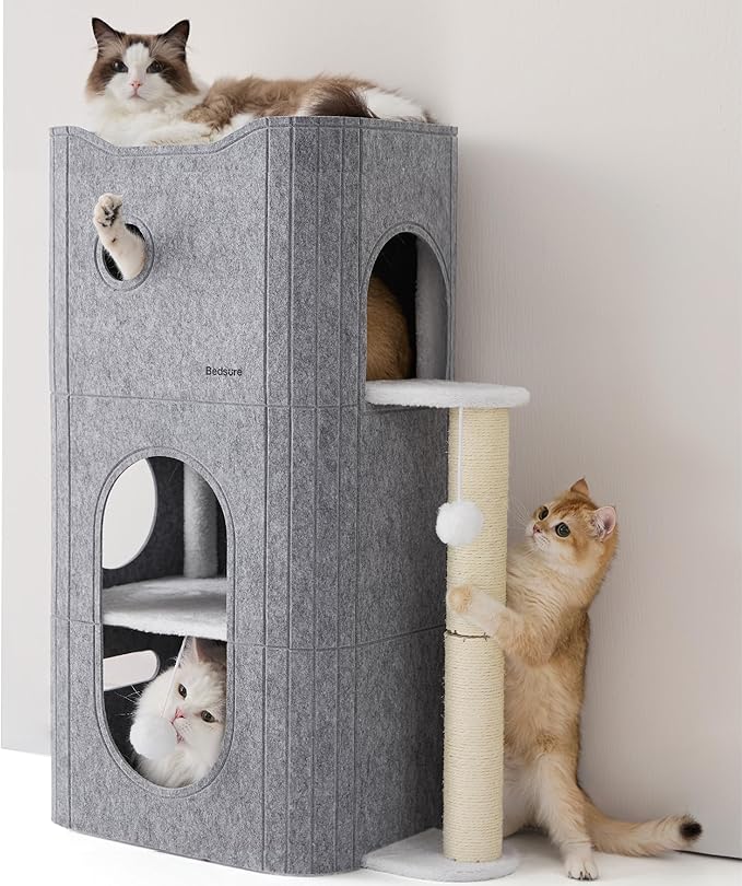 Bedsure 3-Level Indoor Cat Bed- Cat Condos Small Cat Tree for Multiple Kitties to Play Sleep,Hideaway Cave, Fluffy Ball, Scratching Post, 22.5x31.5x13, Grey