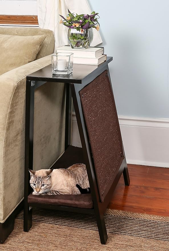 The Refined Feline Wooden Cat Furniture Bed Scratching Post, End Table with Durable Sisal Board Scratcher Pad for Kitty