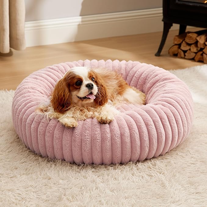 Bedsure Donut Medium Dog Bed - Washable Faux Fur with Corduroy Fleece & Anti Slip Bottom, Round Pet Bed with Removable Cover, Blush Pink, 30x30x8 inches