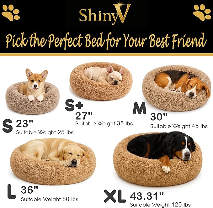 Calming Dog Bed - Fluffy Donut Cuddler for Anxiety Relief, Orthopedic Pet Bed with Non-Slip Bottom, Cozy Round Faux Fur Nest for Dogs and Cats, Plush Crate Mat for Comfort (Camel, Small)