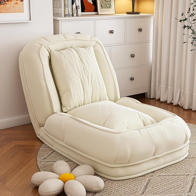 KEIKI Upholstered Human Dog Bed for Adults, Foldable Corduroy Lazy Sofa Bed with 5 Adjustable Positions and 2 Pillows, Giant Human Size Dog Bed for People, Off White