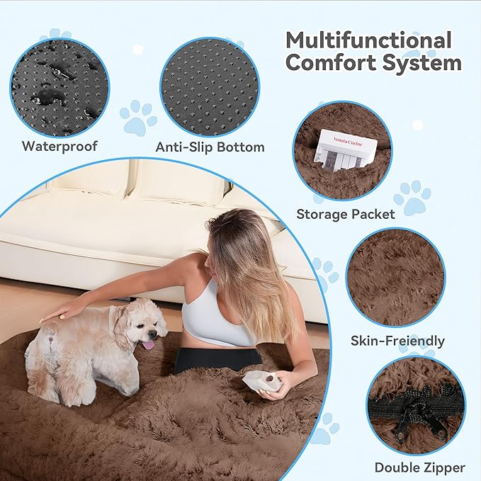 71"x44"x12.5" Human Dog Bed for Adult Faux Fur Washable Human Dog Bed Portable Handle, Egg Orthopedic Foam Human Bed Extra Large with Present Blanket Brown