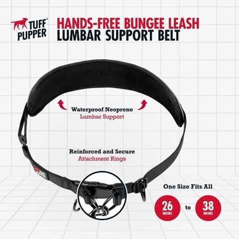 Tuff Pupper Heavy Duty Hands Free Dog Leash | One Small/Medium Dog Up to 45 lbs | Comfortable Shock Absorbing Bungee | Reflective Padded Handles | Lumbar Waist Belt 26-38" | Jogging Running Leash
