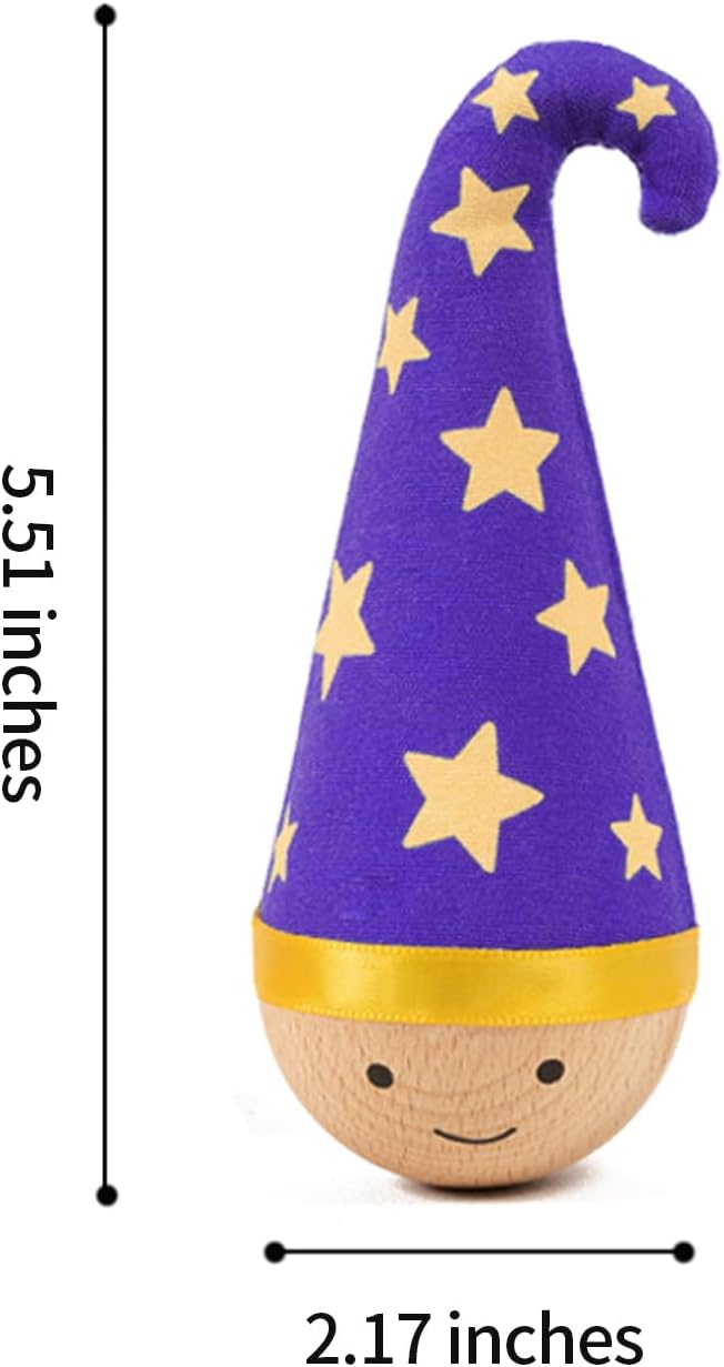 Lulu's world Wooden Interactive Cat Toy with Catnip - Nienie Tumbler Wobble Toy for Indoor Cats, Self-Righting Chaser with Wizard Hat & Stars (Purple)