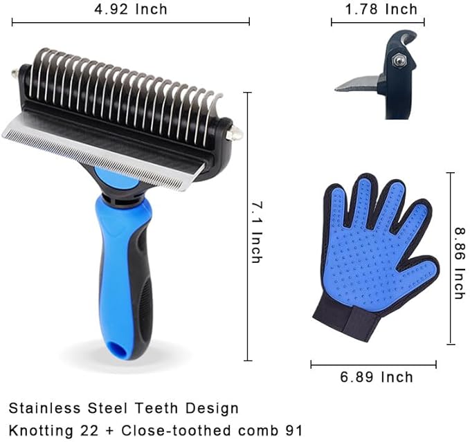 2 in 1 Dog Grooming Brush & Grooming Gloves Combo, Dematting Comb for Dogs - Deshedding Undercoat Rake, Pet Hair Grooming Brush for Long and Short Haired Dogs or Cats(Large, Blue)