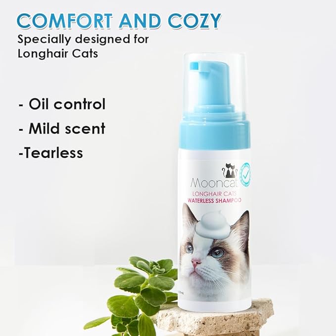 Mooncat Waterless Cat Shampoo for Longhair Cats | Licking Safe No-Rinse Dry Foam Bath for Detangling Matted Fur | Gentle Formula for Kittens & Sensitive Skin, pH Balanced - 5oz