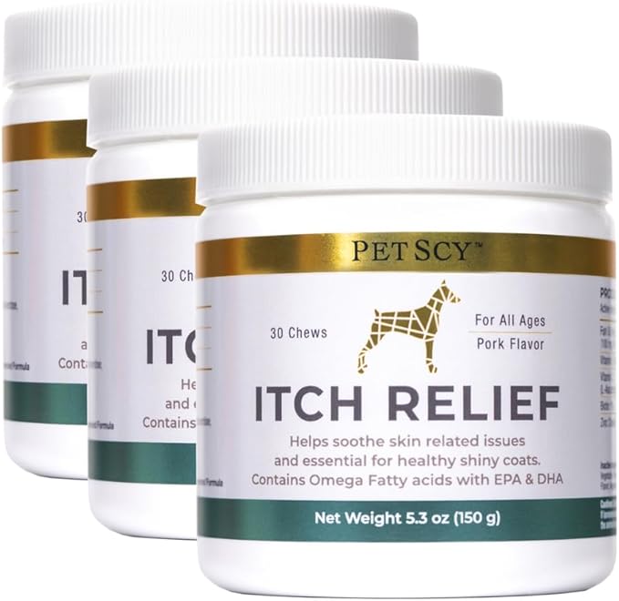 PetScy - Dog Itch Relief with Fatty Acids, EPA, DHA, & Omega, Nutritional Support, Chews for All Ages, Pork Flavor, 30 Chews (Pack of 3)