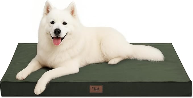 Outdoor Large Washable Dog Bed, Orthopedic Egg Crate Foam Dog Crate Mat for Large Dogs with Removable Oxford Cooling Cover, Dark Green