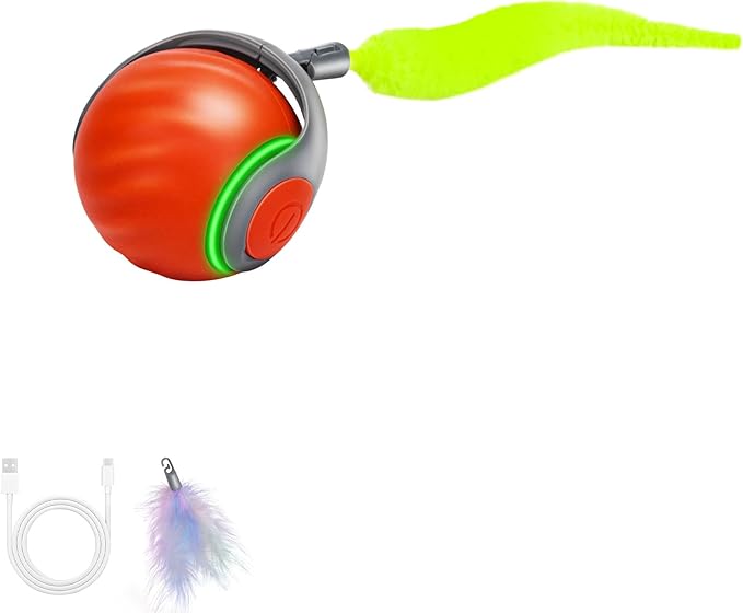 Interactive Cat Toy Ball-Motion-Activated Rolling Toy with 2 Feather Tails, 2 Speeds, USB Rechargeable, Smart Indoor Cat Toys to Keep Cats Active, Happy and Entertained (Orange)
