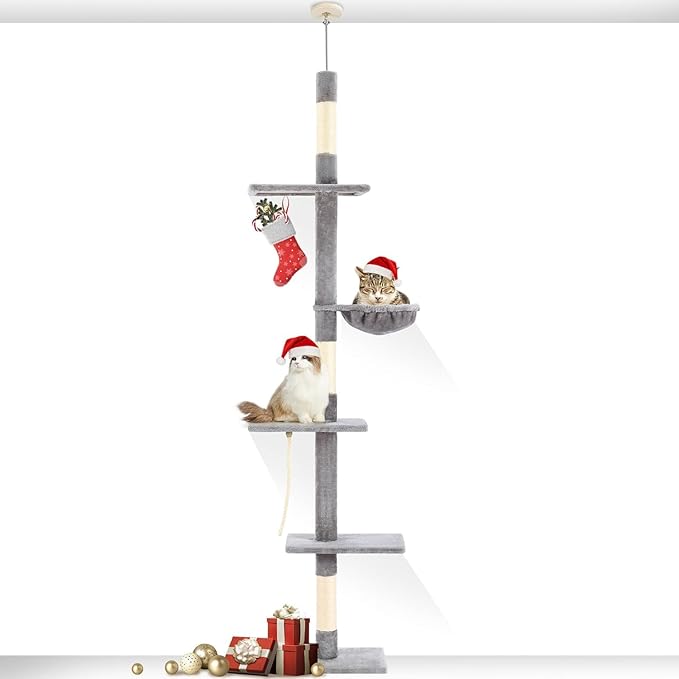 Cat Tree 5-Tier Floor to Ceiling, Cat Climbing Tree for Indoor Cats, 89-109 Inch Adjustable Height Cat Tower with Cozy Hammock, Grey