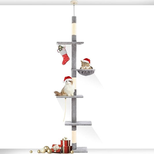 Cat Tree 5-Tier Floor to Ceiling, Cat Climbing Tree for Indoor Cats, 89-109 Inch Adjustable Height Cat Tower with Cozy Hammock, Grey